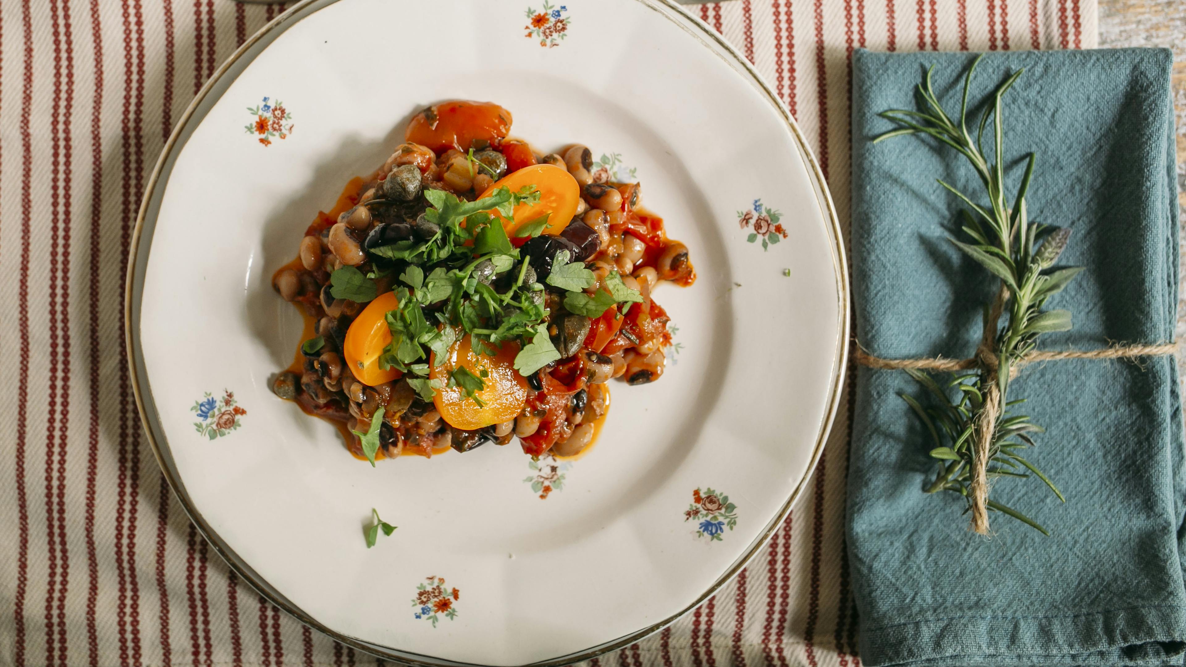 Top view of a plate with summer bean stew