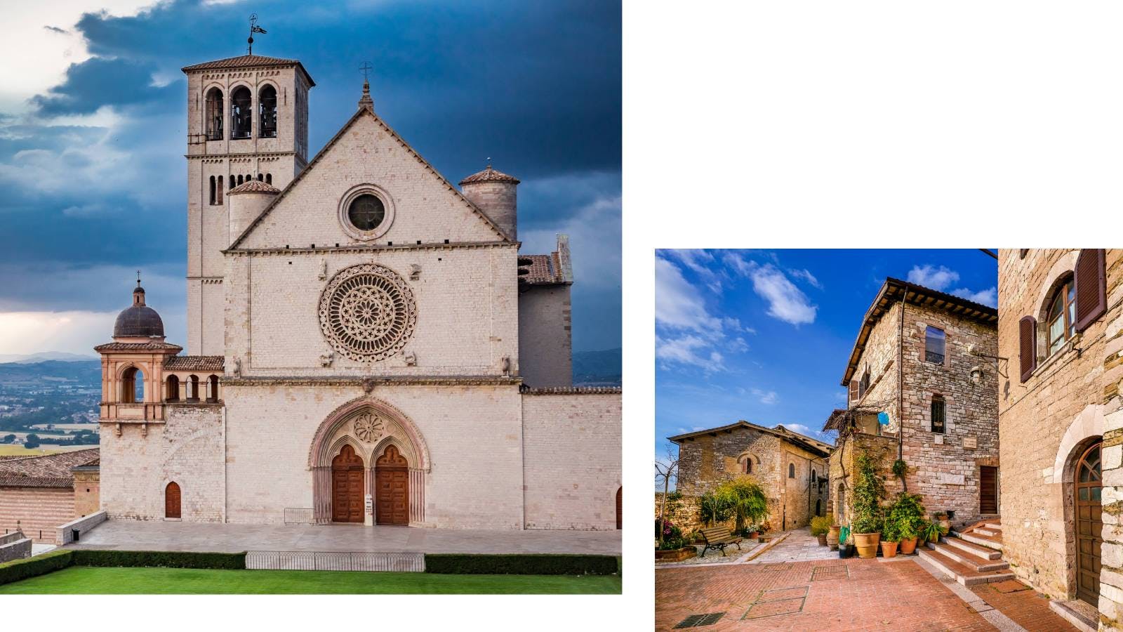 Basilica di San Francesco ad Assisi e via del centro storico di Assisi