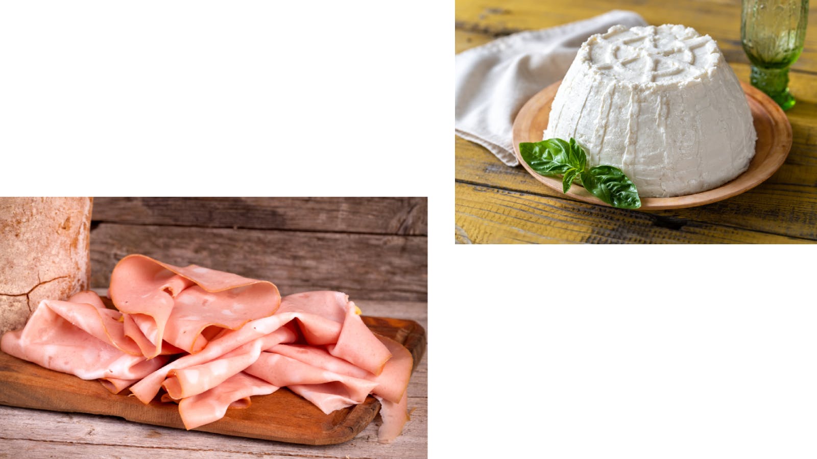 Composite photo with a cutting board with sliced mortadella and a plate with fresh ricotta