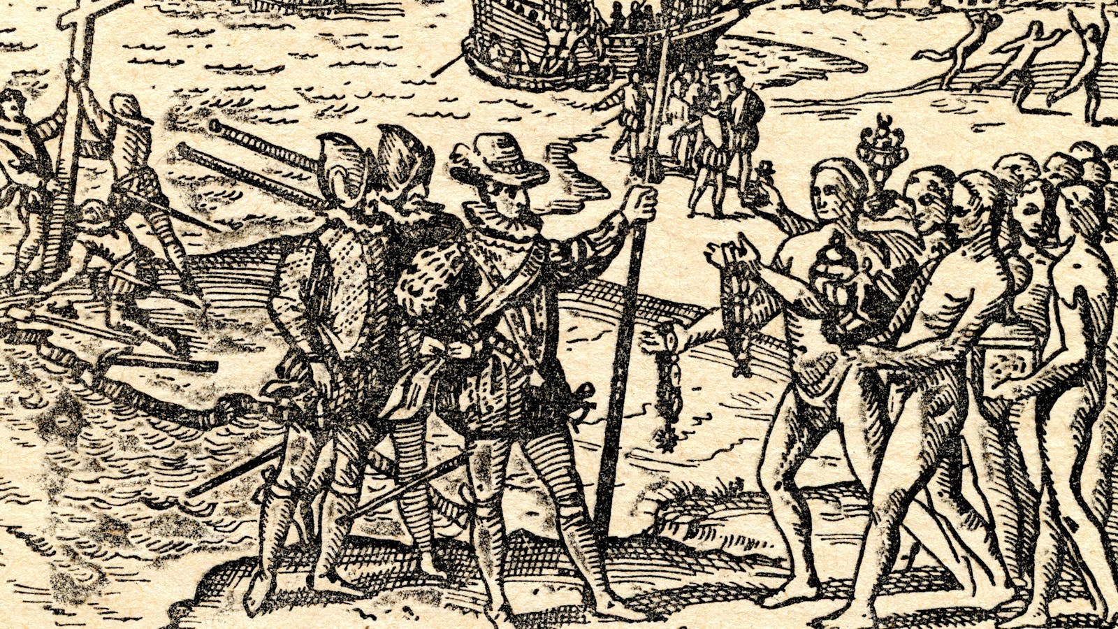 Christopher Columbus lands in America and meets the indigenous people