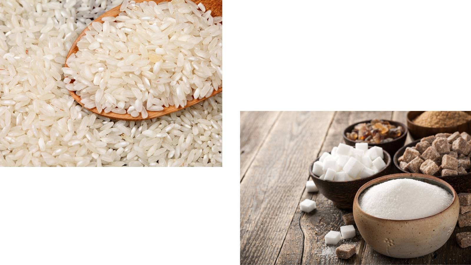 Composite photo with rice grains and various types of sugar