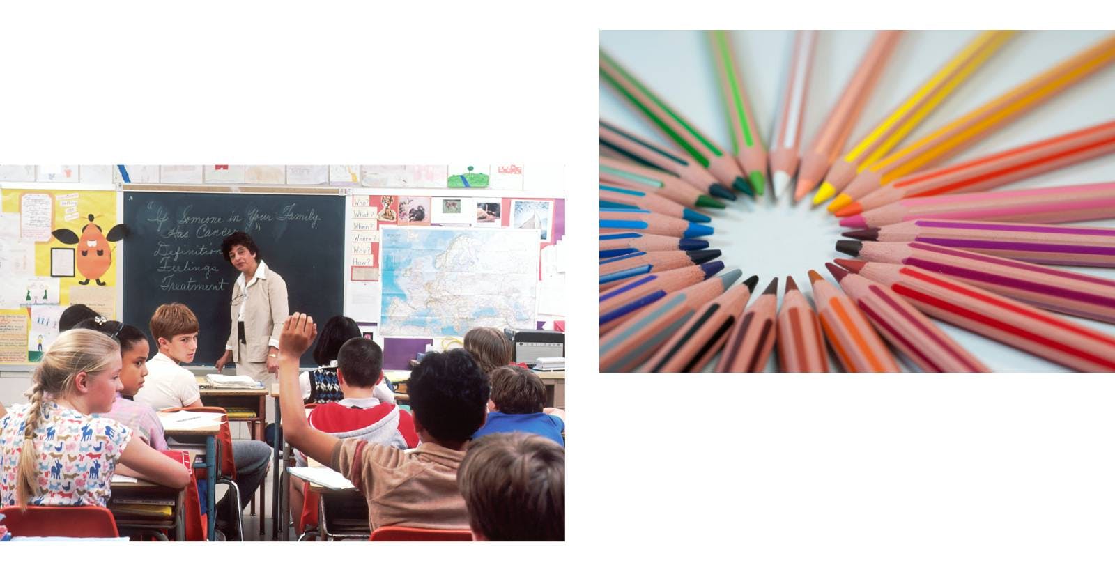 Composite photo with school desks, students in class, and colorful pencils