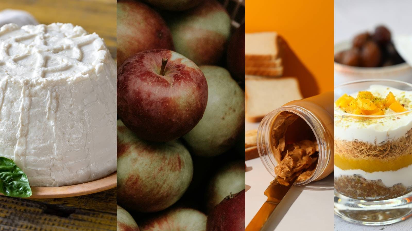 Composite photo with ideas for healthy snacks - ricotta, apples, peanut butter, yogurt