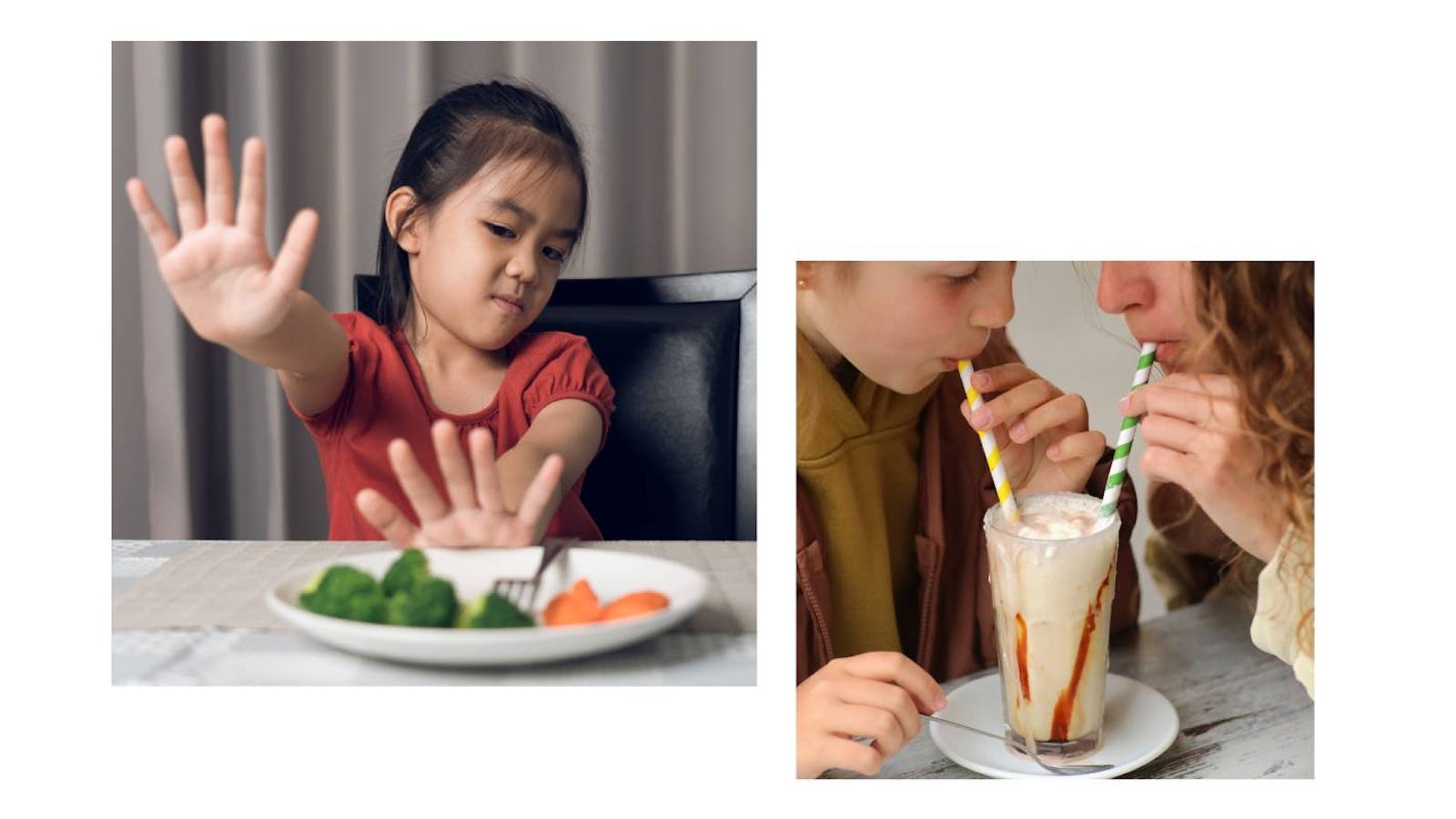 Foto composita con bambina che rifiuta un piatto di verdure e due bambini che bevono un frappè