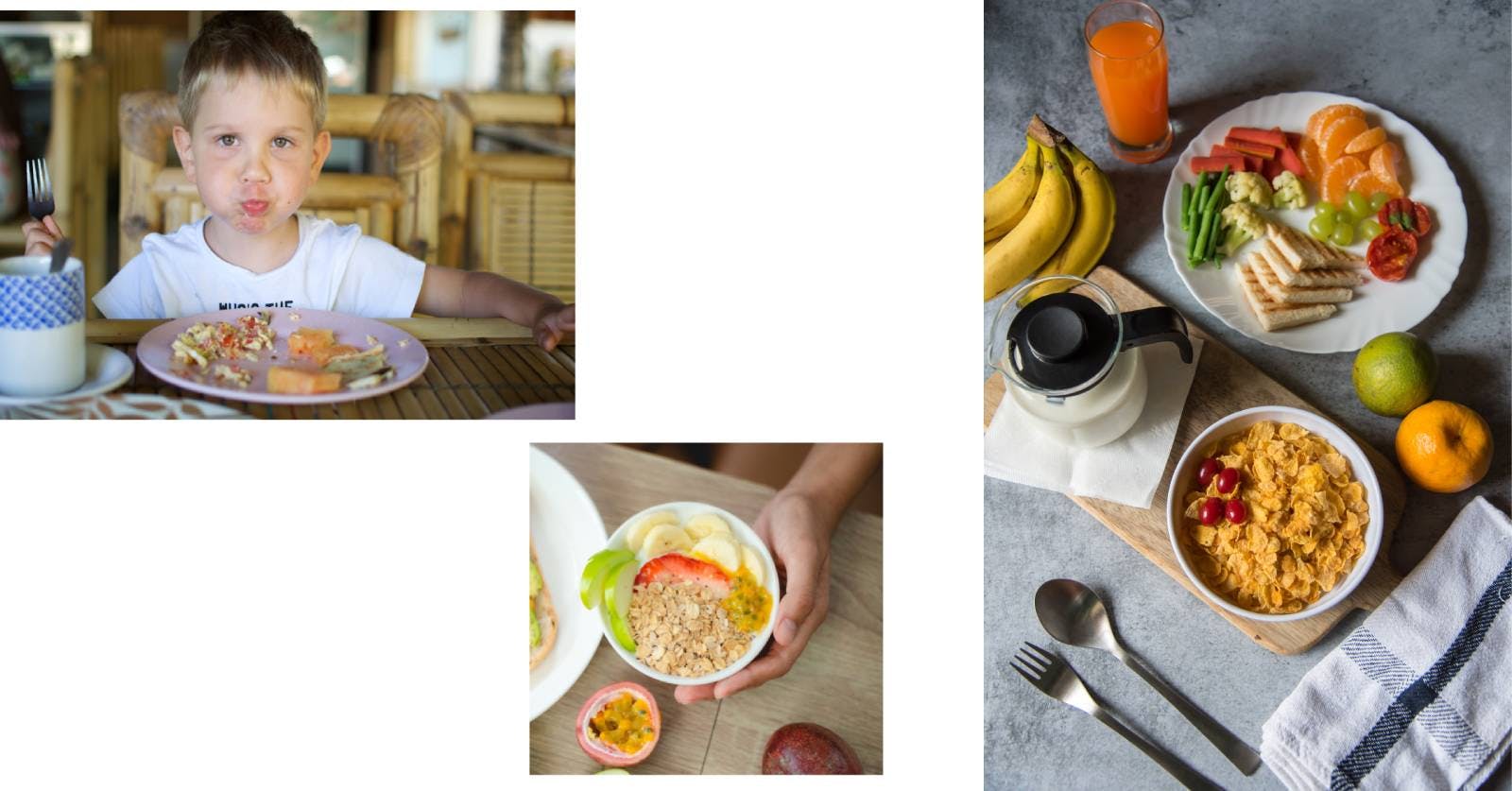 Composite photo with a child having a plate full in front of them, a healthy breakfast with cereal and fruit