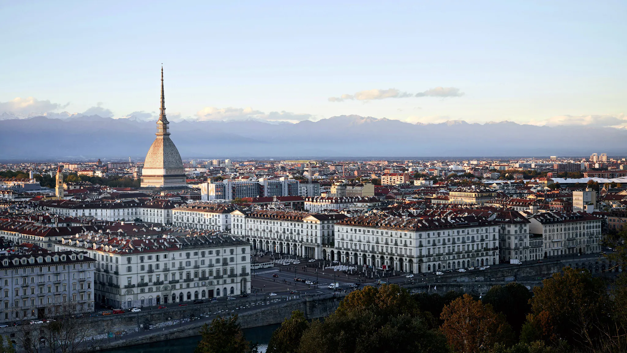 Turin - view of the city with Mole and Alps in the background