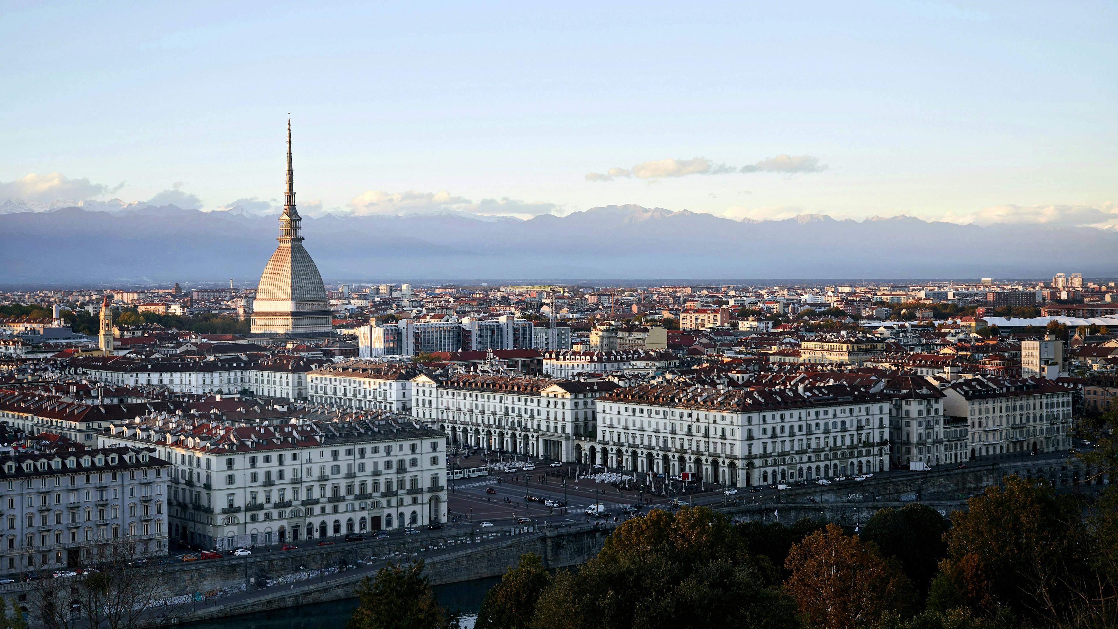 Turin - view of the city with Mole and Alps in the background