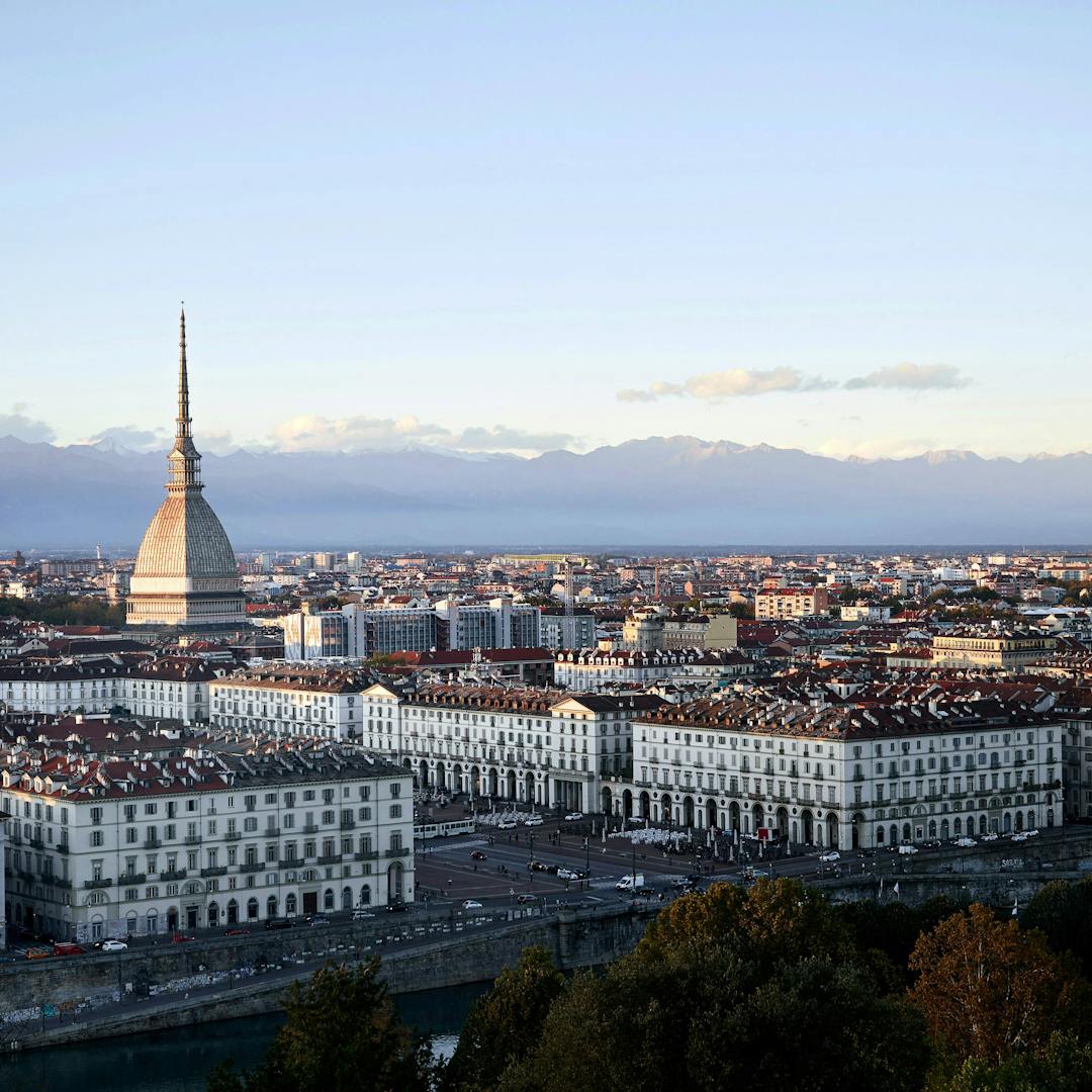 Turin – city view with the Mole Antonelliana and the Alps in the background