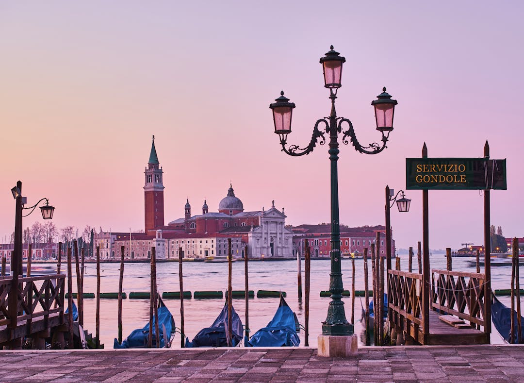 Venice with moored gondolas