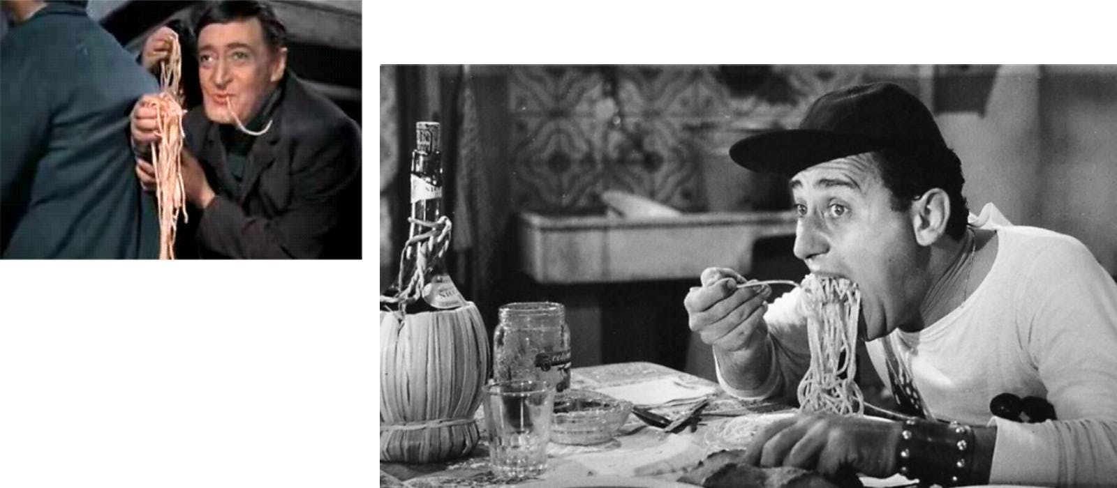 Totò in the spaghetti scene from Miseria e nobiltà and Alberto Sordi (Nando) in An American in Rome