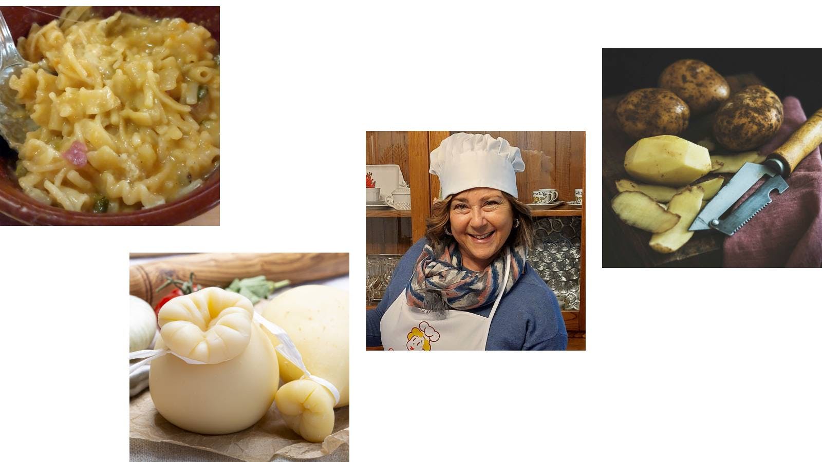 Composite photo featuring pasta with potatoes and provola, and Cesarina Elena