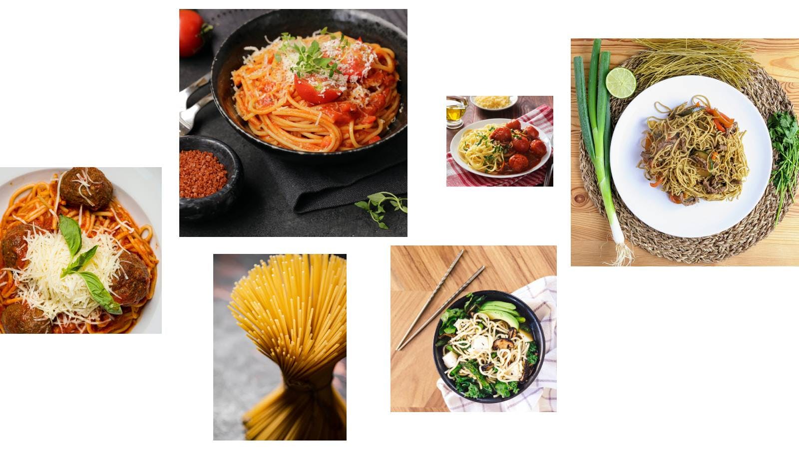 Photo featuring various types of spaghetti preparations: spaghetti with tomato sauce, soy spaghetti, and spaghetti with meatballs.