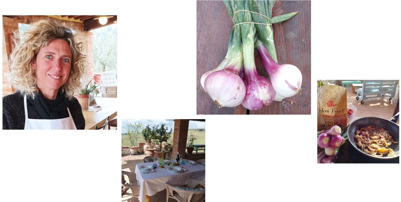 Composite photo: Certaldo spring onions, set table, Cesarina Lara