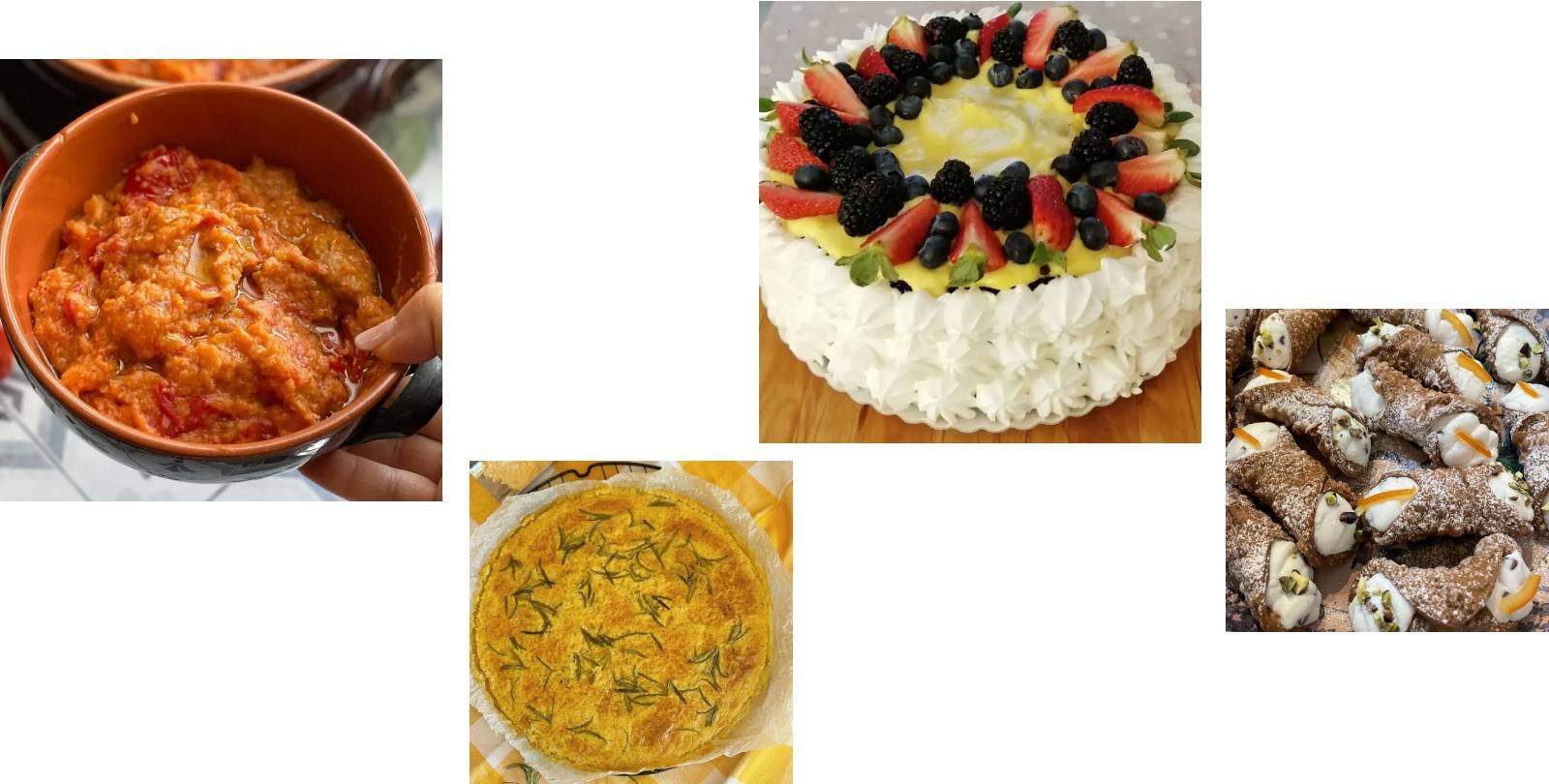 Pappa al pomodoro, chickpea flatbread, seasonal fruit tart, Sicilian cannoli