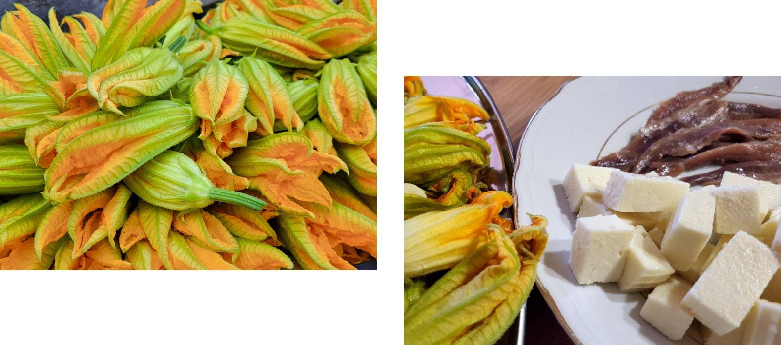 Battered zucchini flowers – stuffed with tuma cheese and anchovies