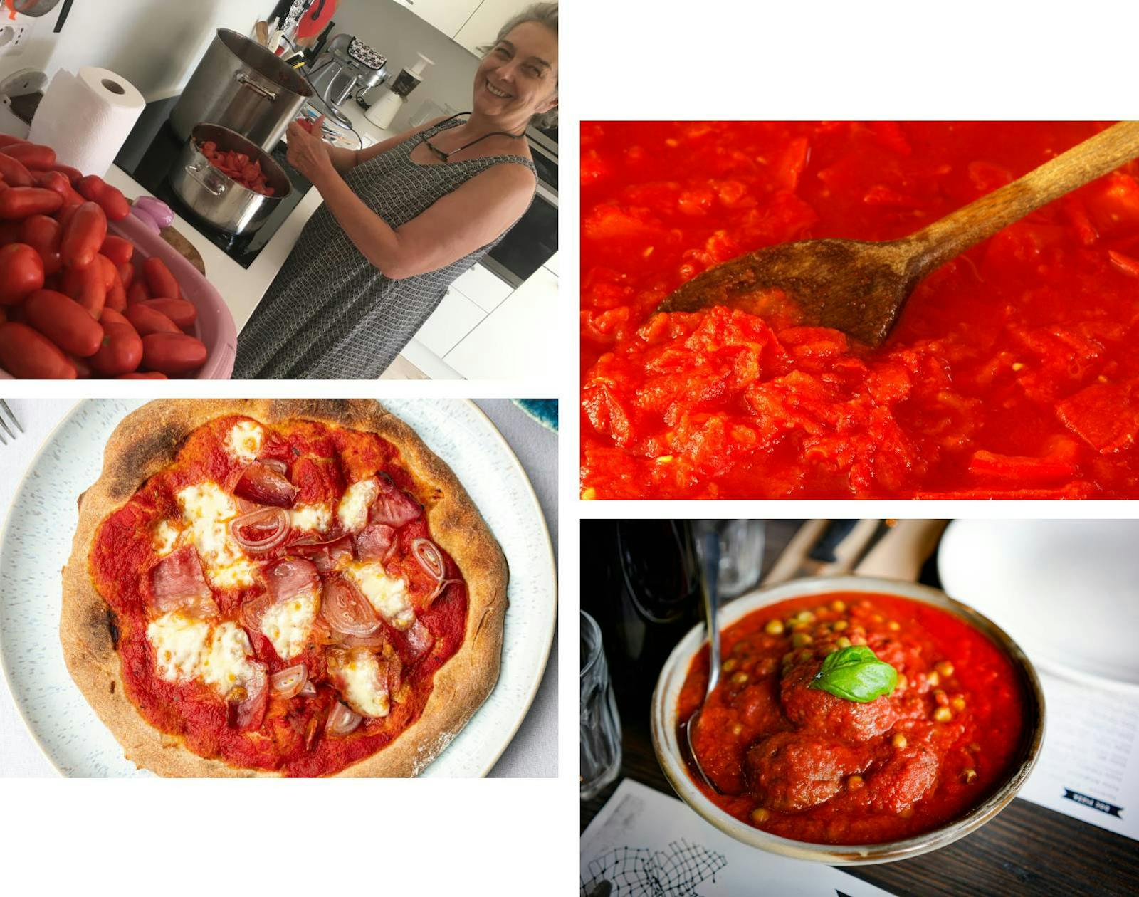 Cesarina Nicoletta preparing tomato sauce, tomato sauce cooking in a pot, tomato sauce on Margherita pizza, meatballs with tomato sauce and peas