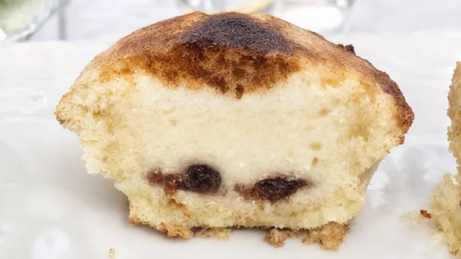 A Neapolitan pasticciotto cut in half, revealing a rich custard cream filling with sour cherries