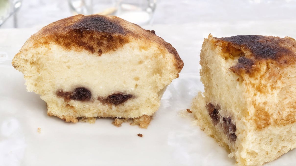 Neapolitanischer Pasticciotto, halbiert, gefüllt mit Vanillecreme und Sauerkirschen