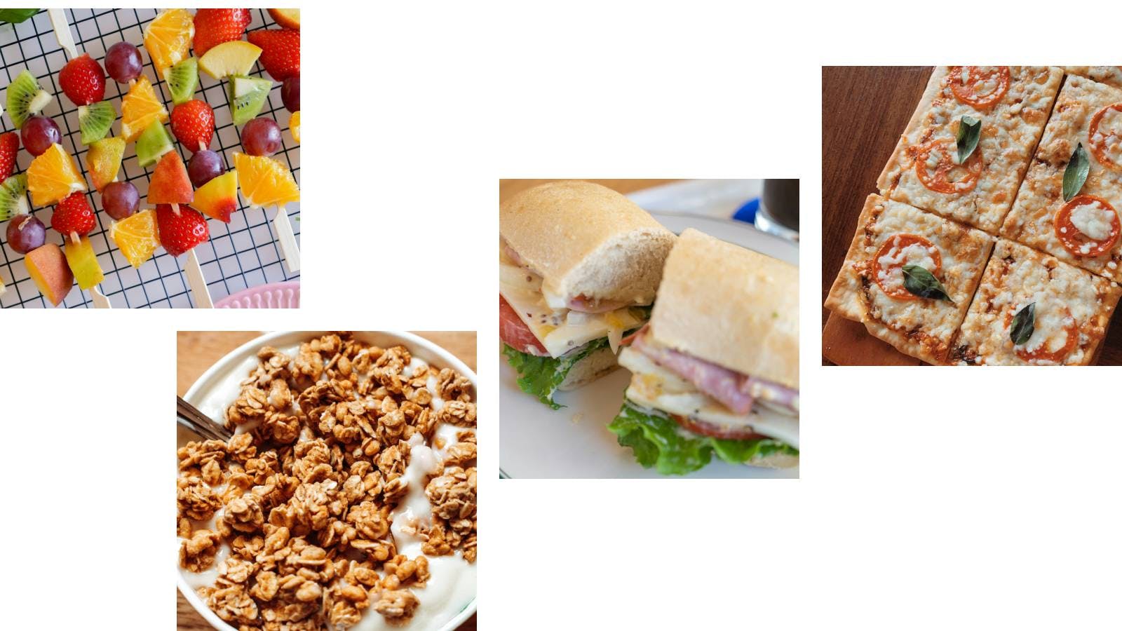 Healthy snack ideas: fruit skewers, yogurt with granola, savory sandwich, and mini pizzas