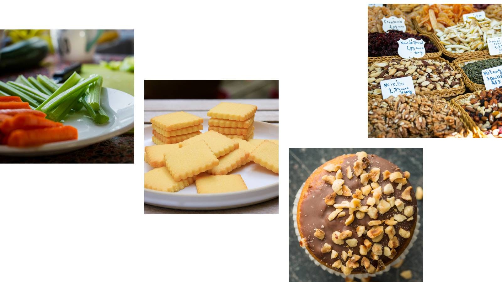 Healthy snack ideas for kids: veggie sticks, homemade cookies, chocolate hazelnut muffin, and mixed nuts