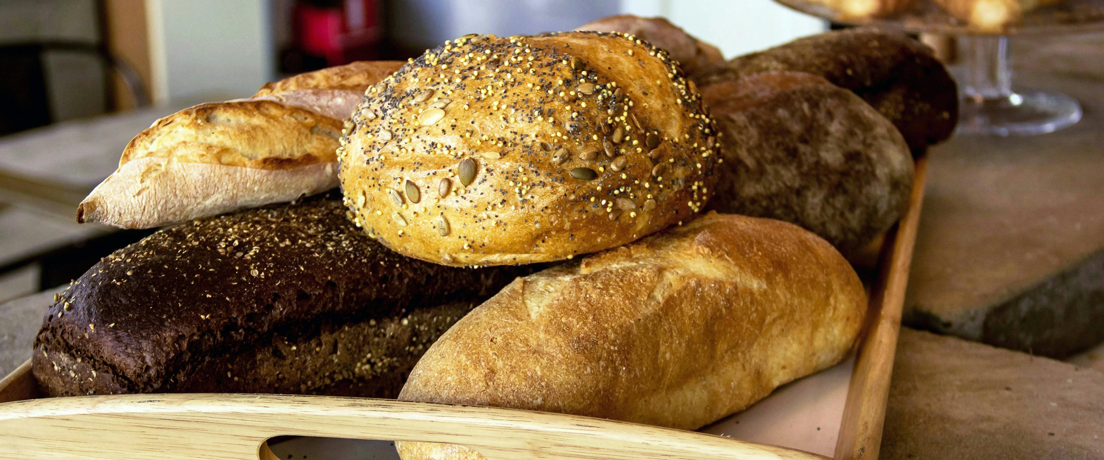 Assorted bread loaves arranged on a tray