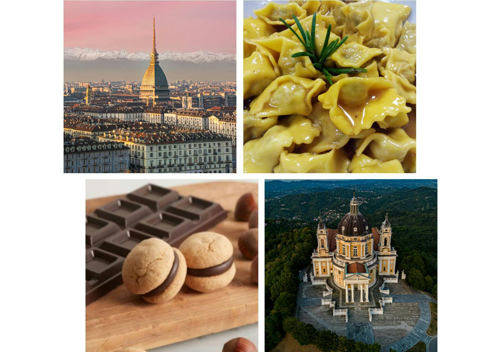 Famous landmarks and traditional foods of Turin, Italy: Mole Antonelliana, Basilica of Superga, agnolotti del plin pasta, and baci di dama cookies