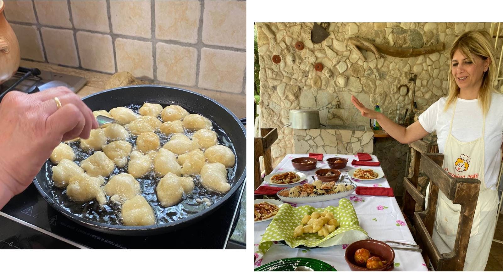 Making pettole: fritters sizzling in the pan while Cesarina Katia stands beside a beautifully set table.