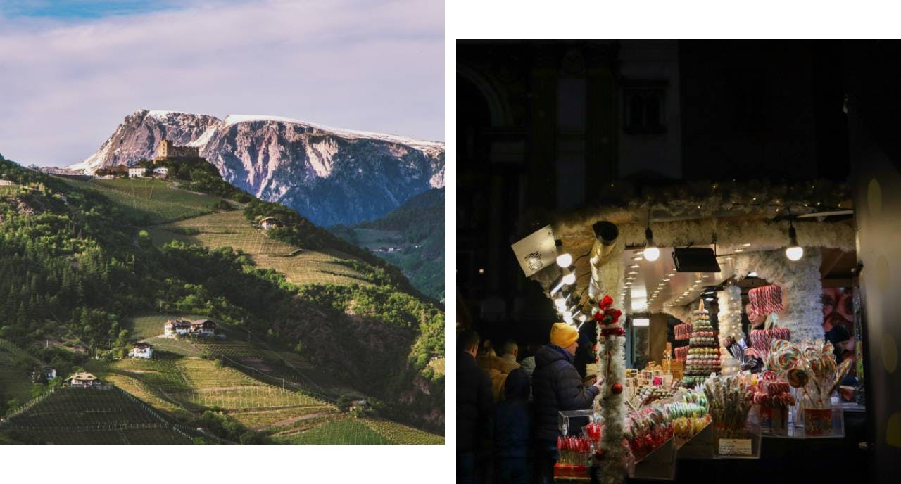 Vista di Bolzano e delle montagne circostanti, mercatino di Natale di Bolzano