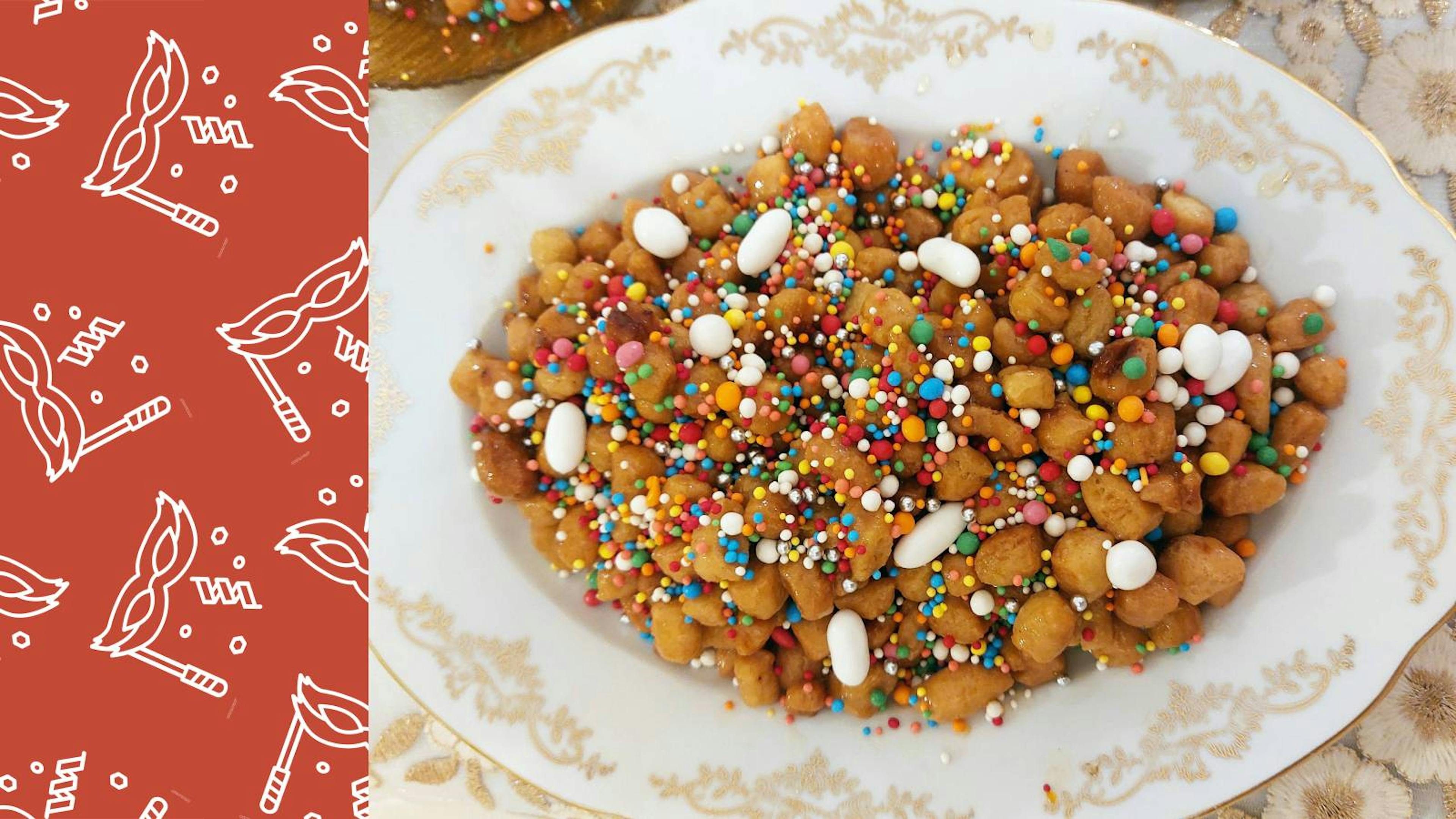 Struffoli, delicious fried dough balls coated in honey and decorated with sprinkles; a must-have on holiday tables in Campania for Christmas and Carnival