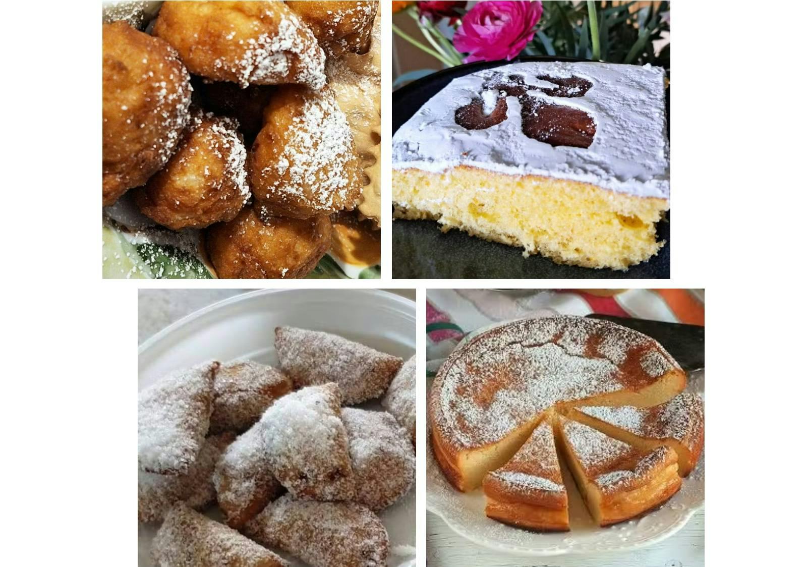 Alcuni dolci tipici di carnevale: frittelle di riso, schiacciata fiorentina, cassatelle siciliane, migliaccio