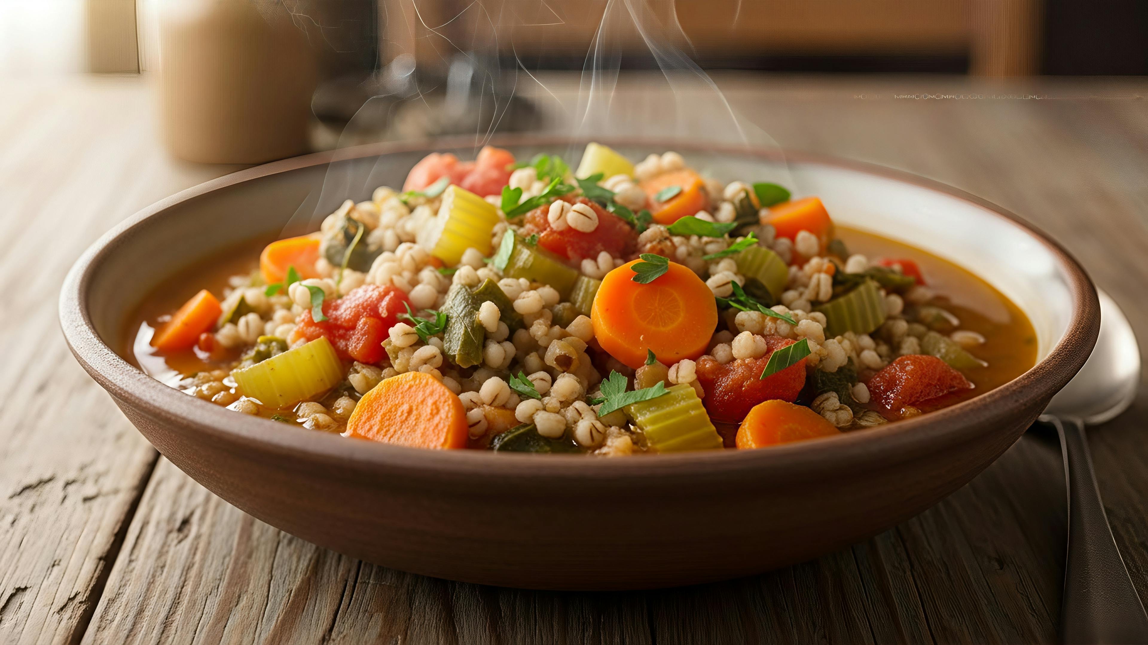 Barley and vegetable soup: a simple, wholesome winter dish with an original touch of turmeric.