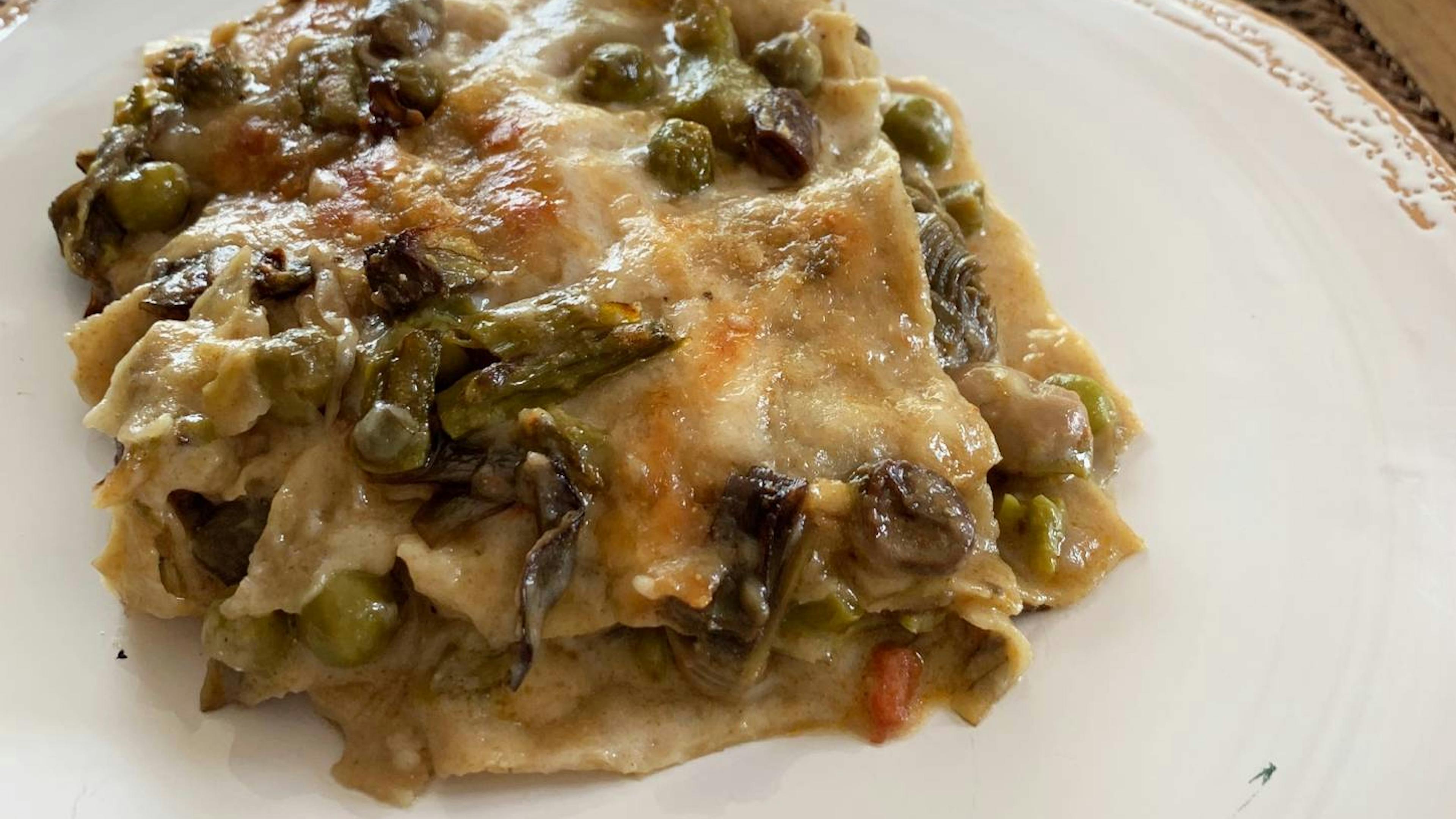 Spring Lasagna with artichokes, peas, asparagus and fava beans