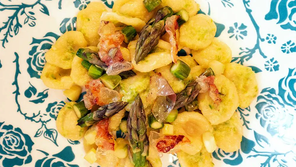 Orecchiette with Asparagus Cream and Crispy Guanciale