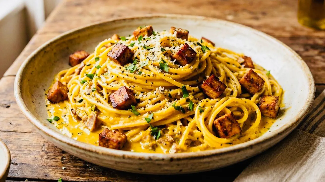Vegan carbonara: all the flavor of tradition in a 100% plant-based version by Cesarina Rosamaria.