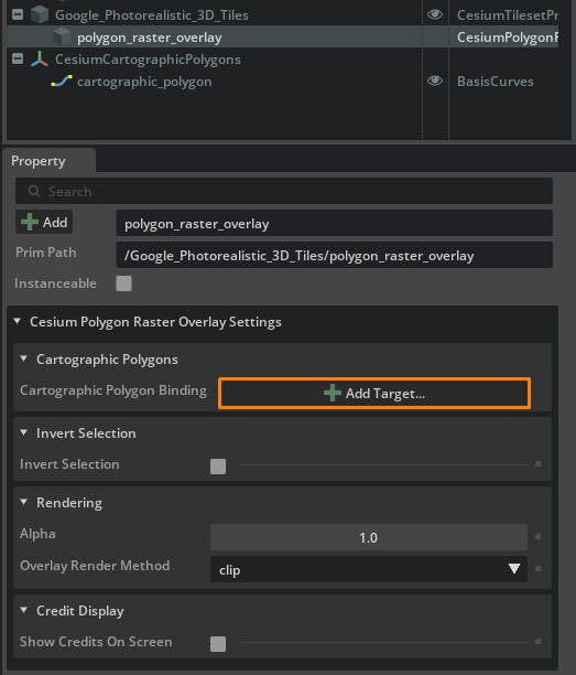 Cesium for Omniverse tutorial: tileset clipping. Under Cartographic Polygons, click Add Target to select a BasisCurve to bind to the overlay.