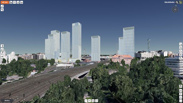 Proposed projects inside city model. The projects are tall buildings in the background. The front includes smaller buildings, a highway, and trees.