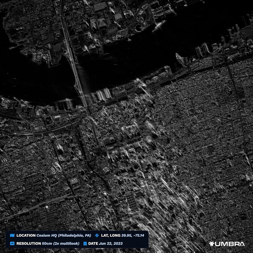Synthetic aperture radar (SAR) image of Philadelphia, PA, USA, by Umbra. The image is grayscale. The Ben Franklin Bridge is in the top center of the image, with New Jersey top left and Pennsylvania covering the bottom two-thirds.