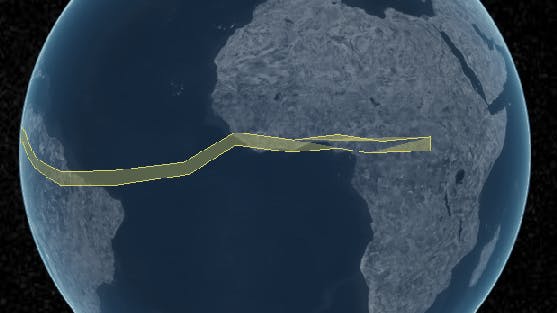Before: an incorrect polygon triangulation rendered in CesiumJS. Note that the polygon wraps around the entire world and has an unexpected hole.