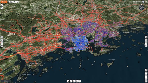 Red, blue, and purple lines show Helsinki's regional public transportation network.