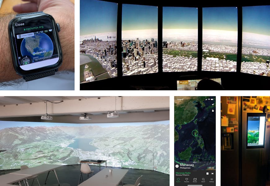 CesiumJS running on a smart watch, Liquid Galaxy, projector, mobile phone, and fridge