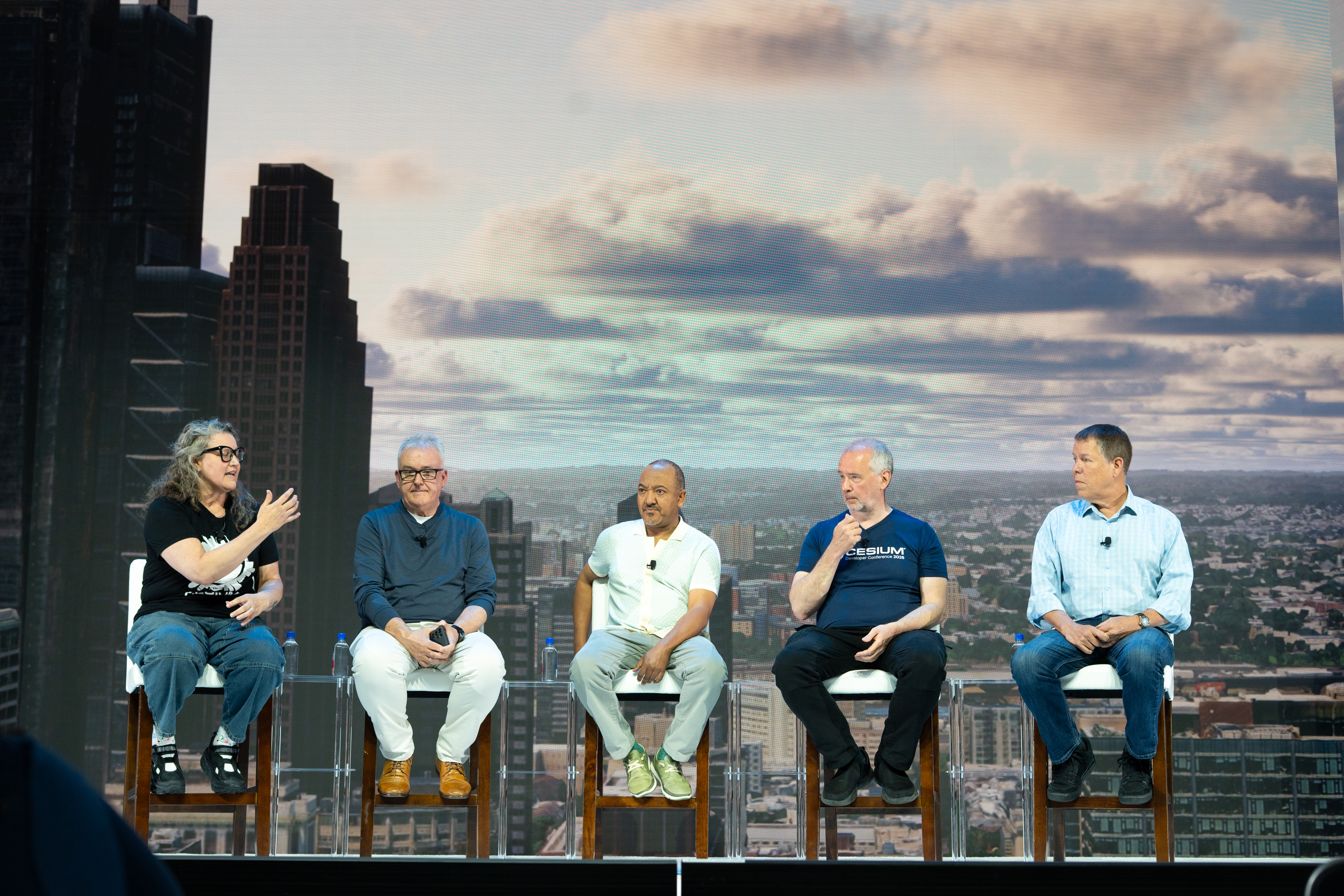 Open standards panel: Amanda Morgan, Neil Trevett, Tam Belayneh, Ben Irwin, and Scott Simmons at the 2026 Cesium Developer Conference.