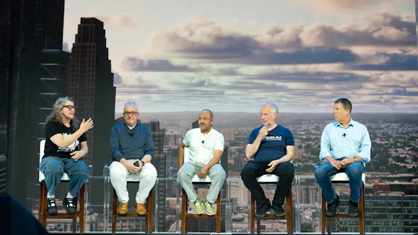 Open standards panel: Amanda Morgan, Neil Trevett, Tam Belayneh, Ben Irwin, and Scott Simmons at the 2026 Cesium Developer Conference.