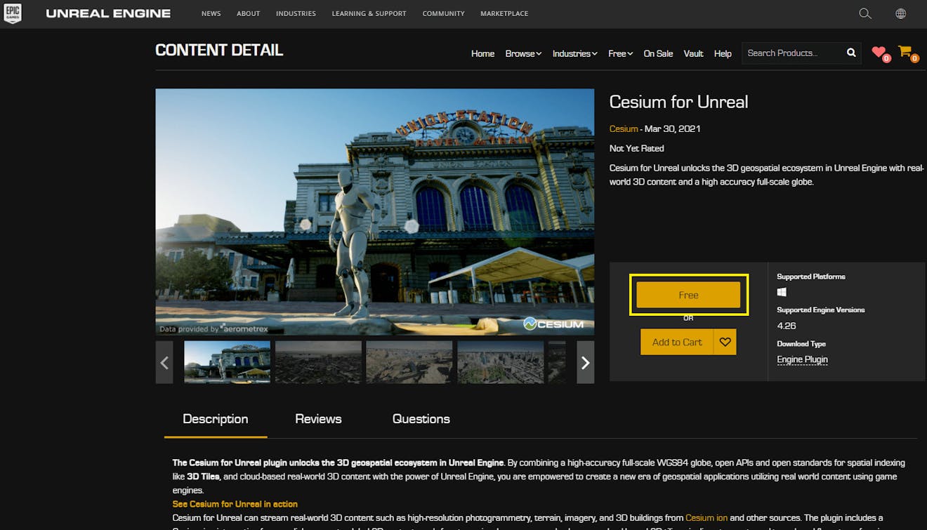 A screenshot of Cesium for Unreal in the Unreal Engine marketplace.