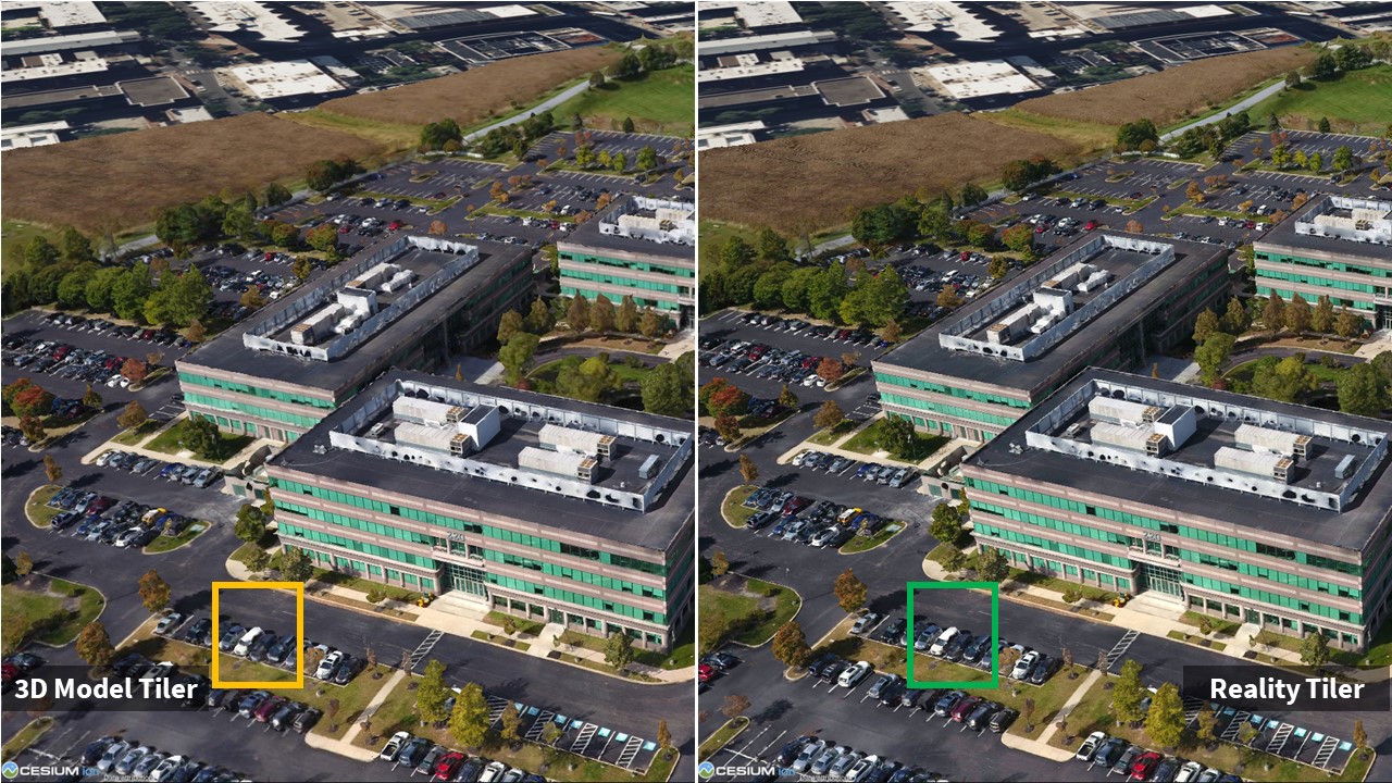 Visual Comparison between 3D Model Tiler (Left) and the new Reality Tiler (Right). AGI HQ