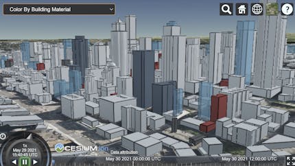 Cesium OSM Buildings seen in a sandcastle with a drop down for Color by Building Material and other styling options