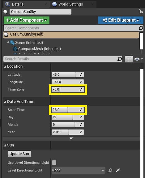 Screenshot of the CesiumSunSky actor configuration dialog in Unreal Engine
