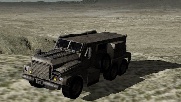 Screenshot of a 3D model of a tank rolling through and casting shadows on desert terrain in CesiumJS