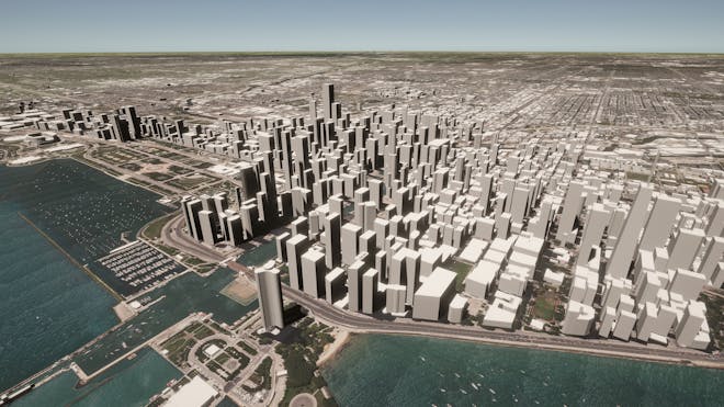 A Cesium for Unity scene with Cesium World Terrain and Cesium OSM Buildings, set in Chicago.