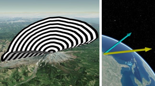 Black and white fan over a mountain on the globe, illustrating the ability to visualize additional static and dynamic 3D shapes such as vectors and fans for azimuth-elevation masks in Cesium. 