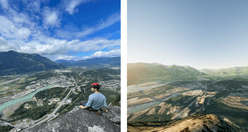 a side-by-side comparison of a seated man looking over a ledge, and the same view as rendered by a game engine